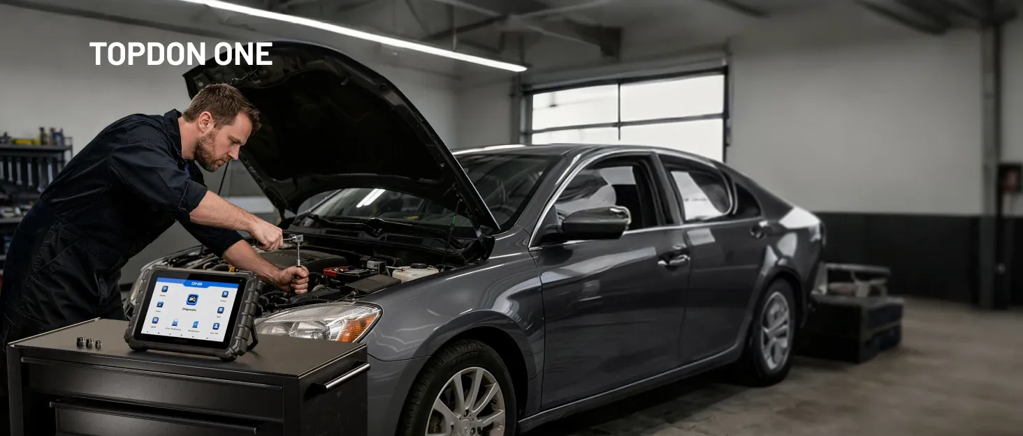 Topdon One diagnostic tablet displayed on a workshop trolley beside a technician working under the bonnet of a grey saloon car in a modern garage.